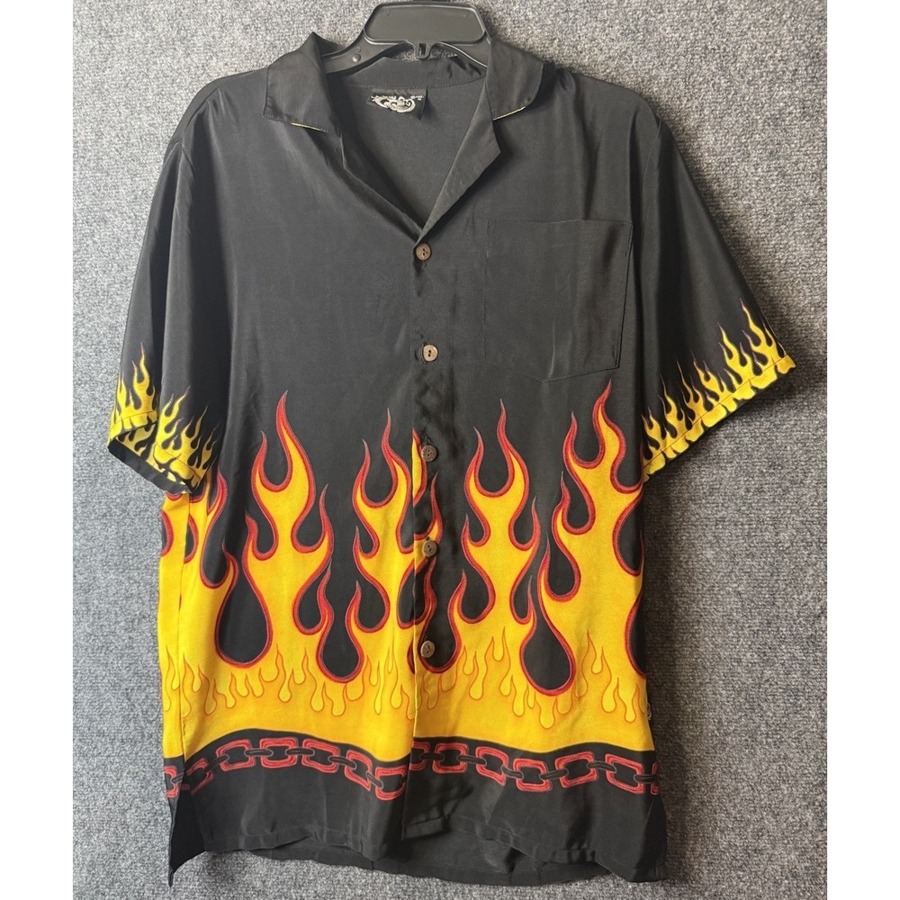 Uluwatu Shirt Mens Sz Medium Black Short Sleeve Y2K Vintage Flame Pattern Style